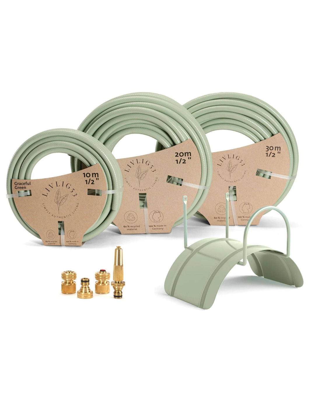 a set of three hoses and a hose holder