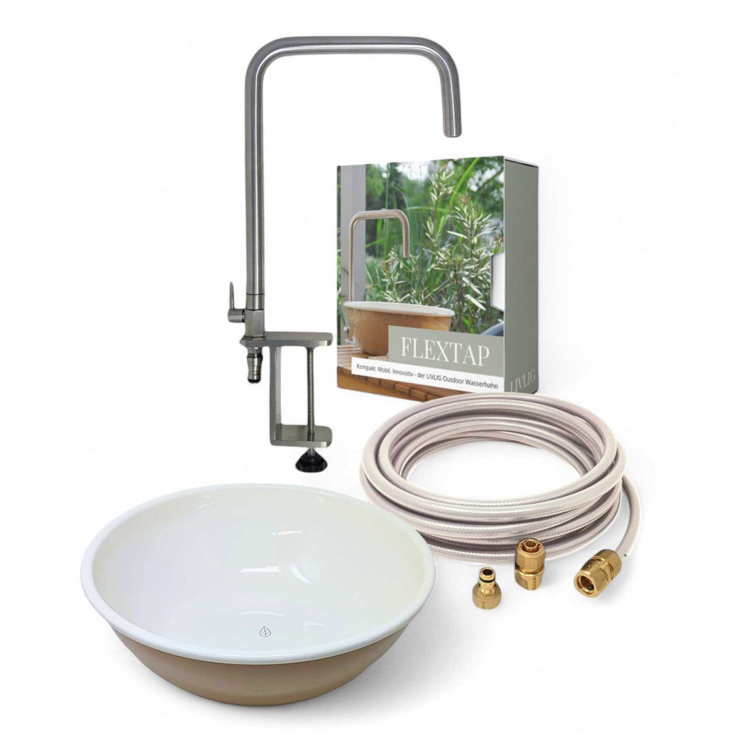 Livlig Outdoorküchenset – praktisches Set mit Waschschüssel, Wasserhahn und Trinkwasserschlauch mit Armaturen für komfortables Arbeiten im Freien.