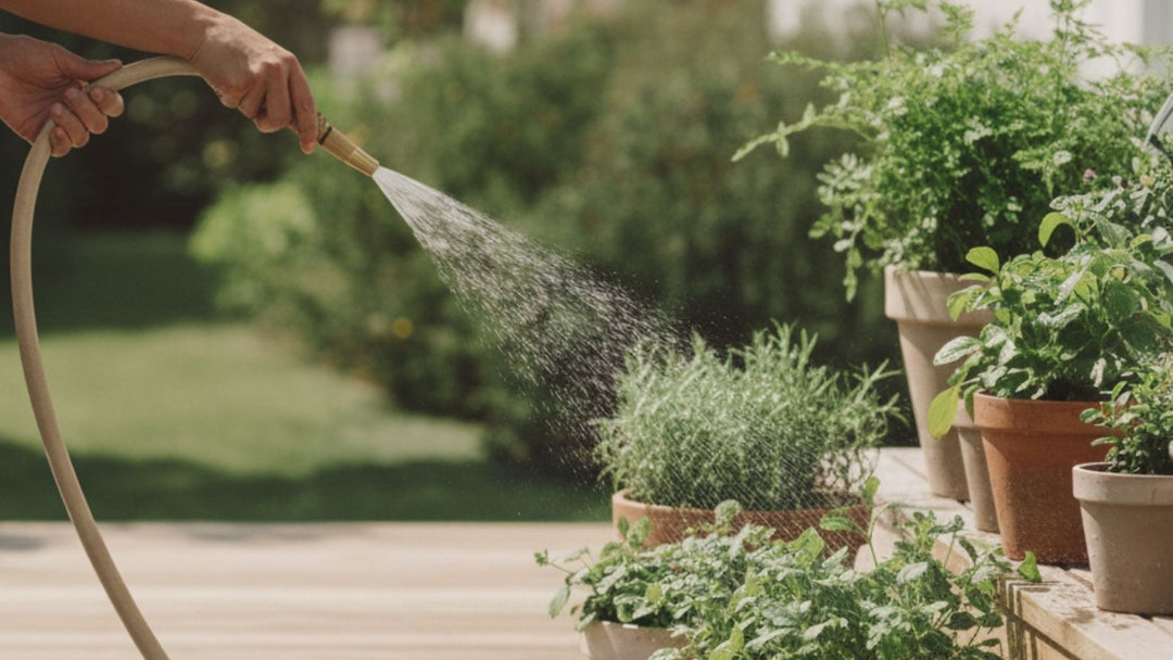 Eine Person bewässert Topfpflanzen auf einer Holzterrasse mit einem Gartenschlauch, im Hintergrund grüner Rasen.