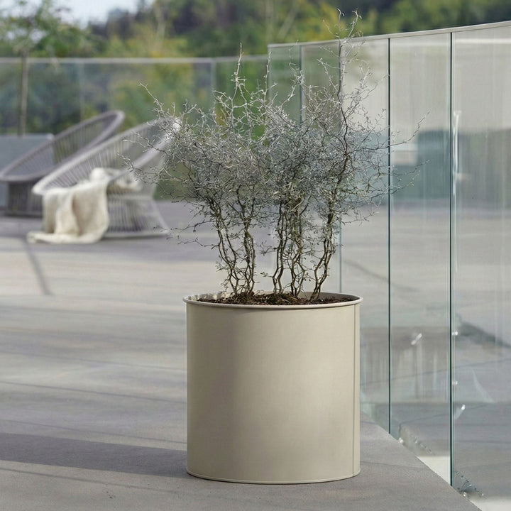 Beiges 3er Blumentopf-Set von LIVLIG, minimalistisches Design, im Außenbereich, mit einem grauen Strauch bepflanzt.