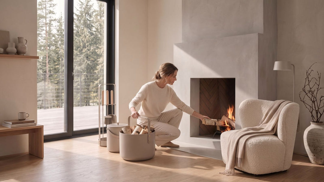 Woman in cream sweater adds logs to modern fireplace in sunlit, minimalist living room with forest view.