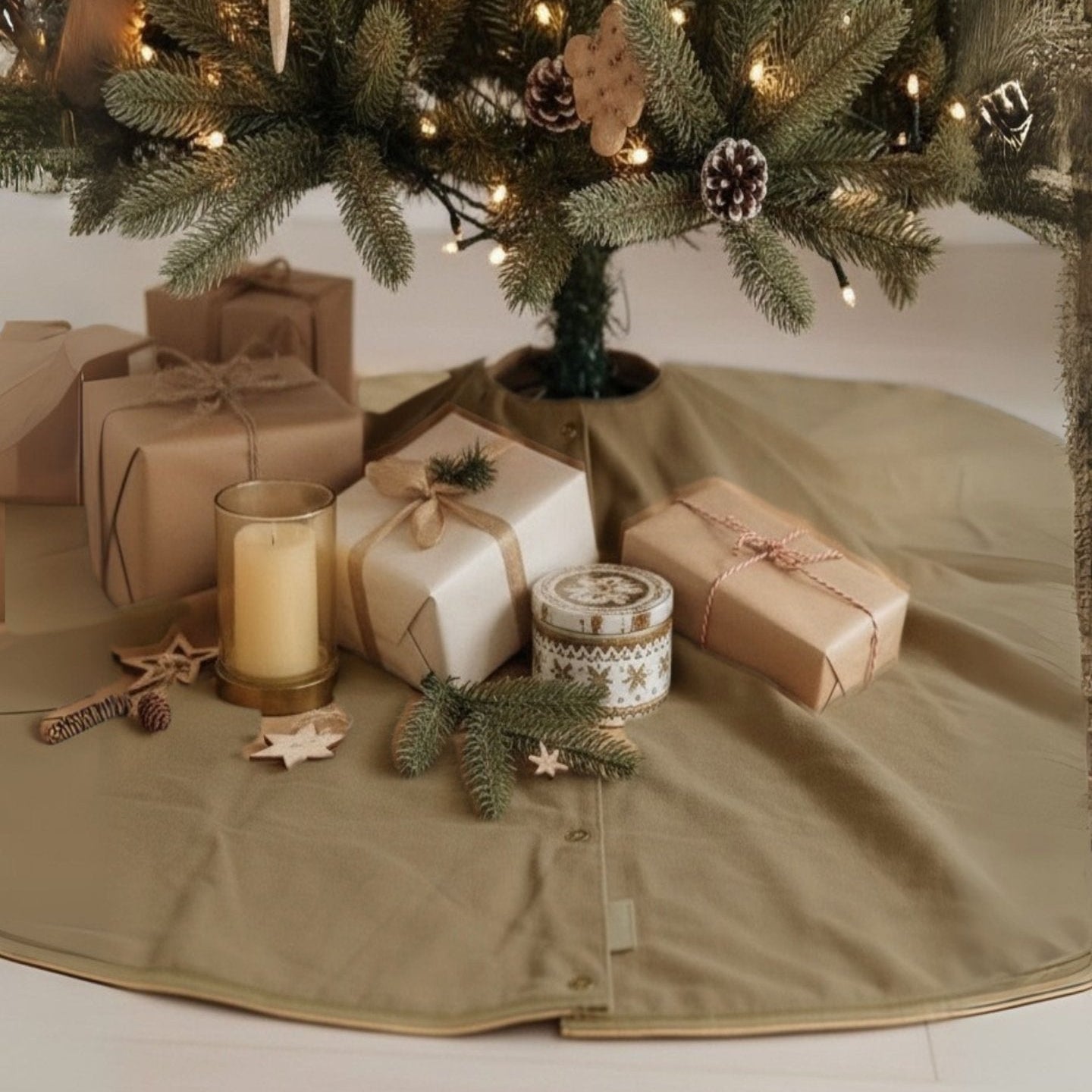 Grüne Weihnachtsbaumdecke 2in1 von LIVLIG, mit Knopfverschluss und Geschenken darunter, unter einem geschmückten Weihnachtsbaum.