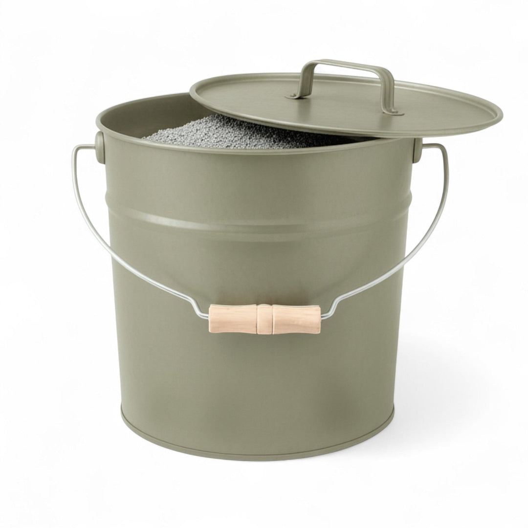 LIVLIG, Ascheeimer mit Deckel, Eimer, Moosgrau