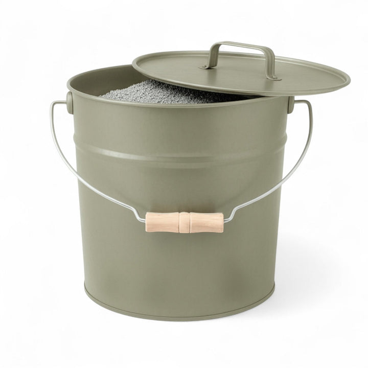 LIVLIG, Ascheeimer mit Deckel, Eimer, Moosgrau