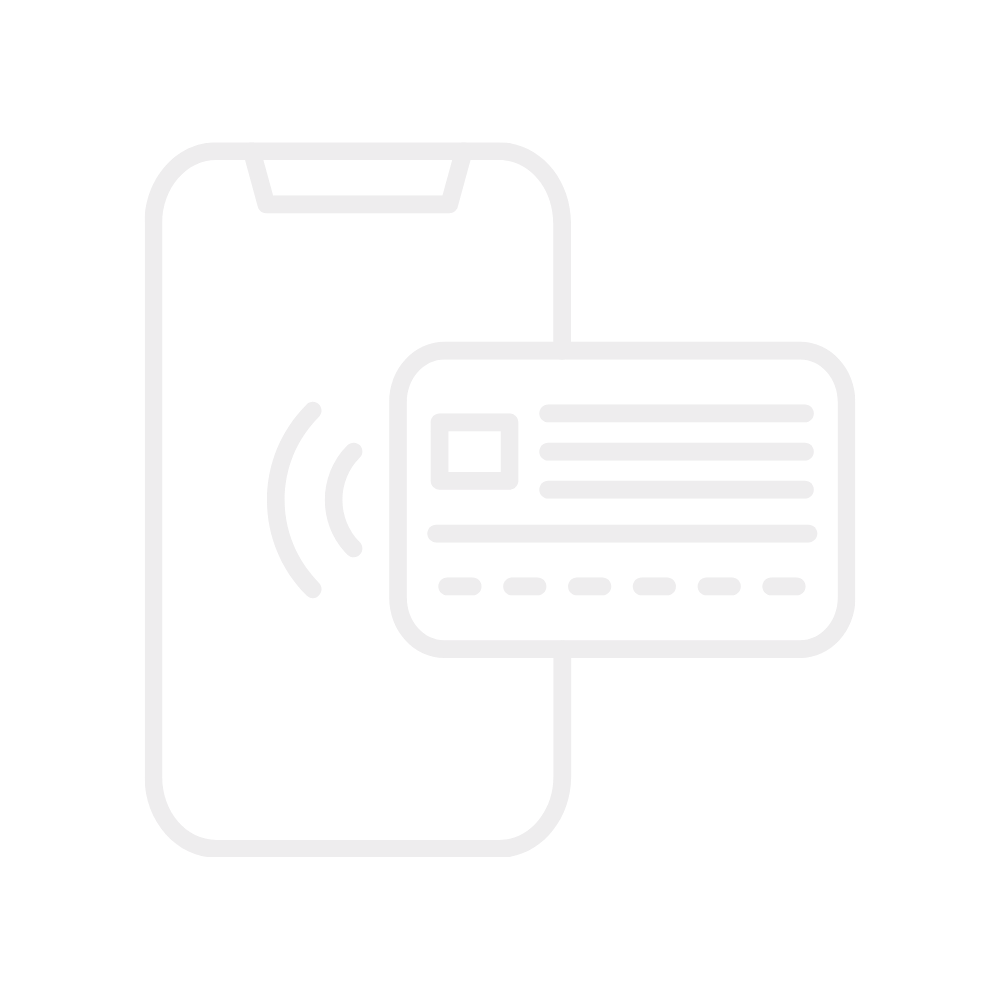 Weißes Liniensymbol auf schwarzem Grund: Smartphone mit NFC-Symbol und Kreditkarte für kontaktloses Bezahlen.