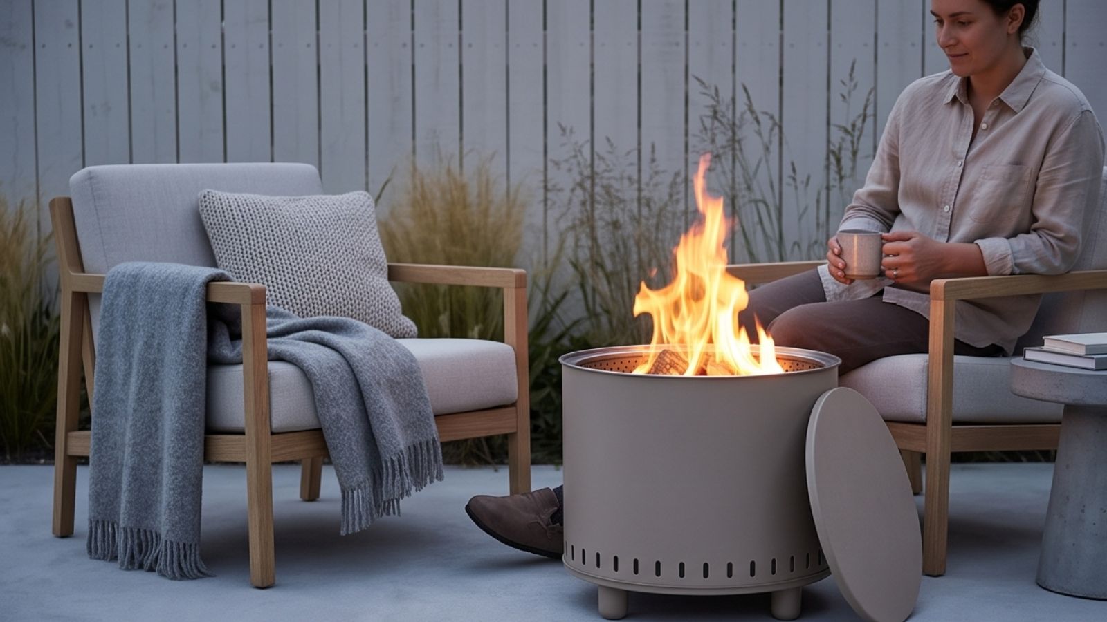 Woman sits by lit fire pit, holding mug, beside gray armchair with blanket and pillow, outdoor patio setting.
