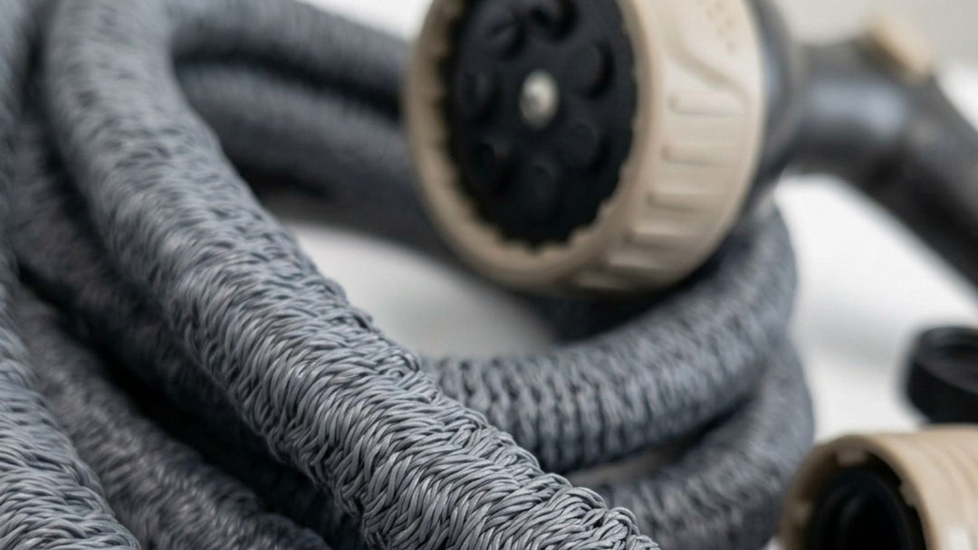 Eine graue, gewebte, dehnbare Gartenschlauchwicklung liegt auf einer weißen Oberfläche, mit einer beigefarbenen und schwarzen Sprühdüse im Hintergrund.