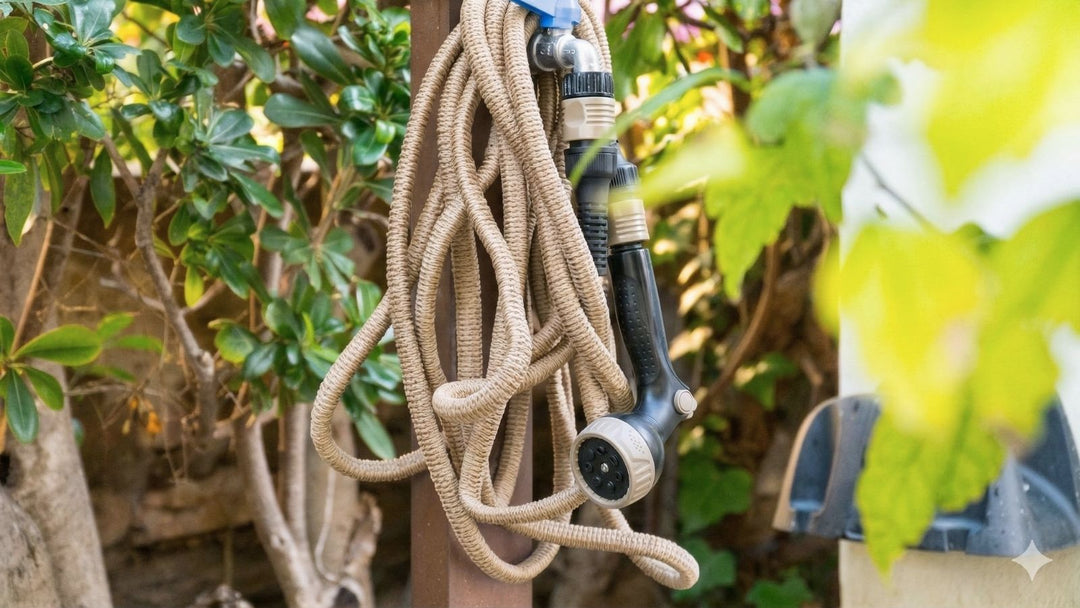Beiger Gartenschlauch mit schwarzer Sprühdüse, aufgerollt an einem Zapfhahn hängend, umgeben von grünem Laub im Garten.