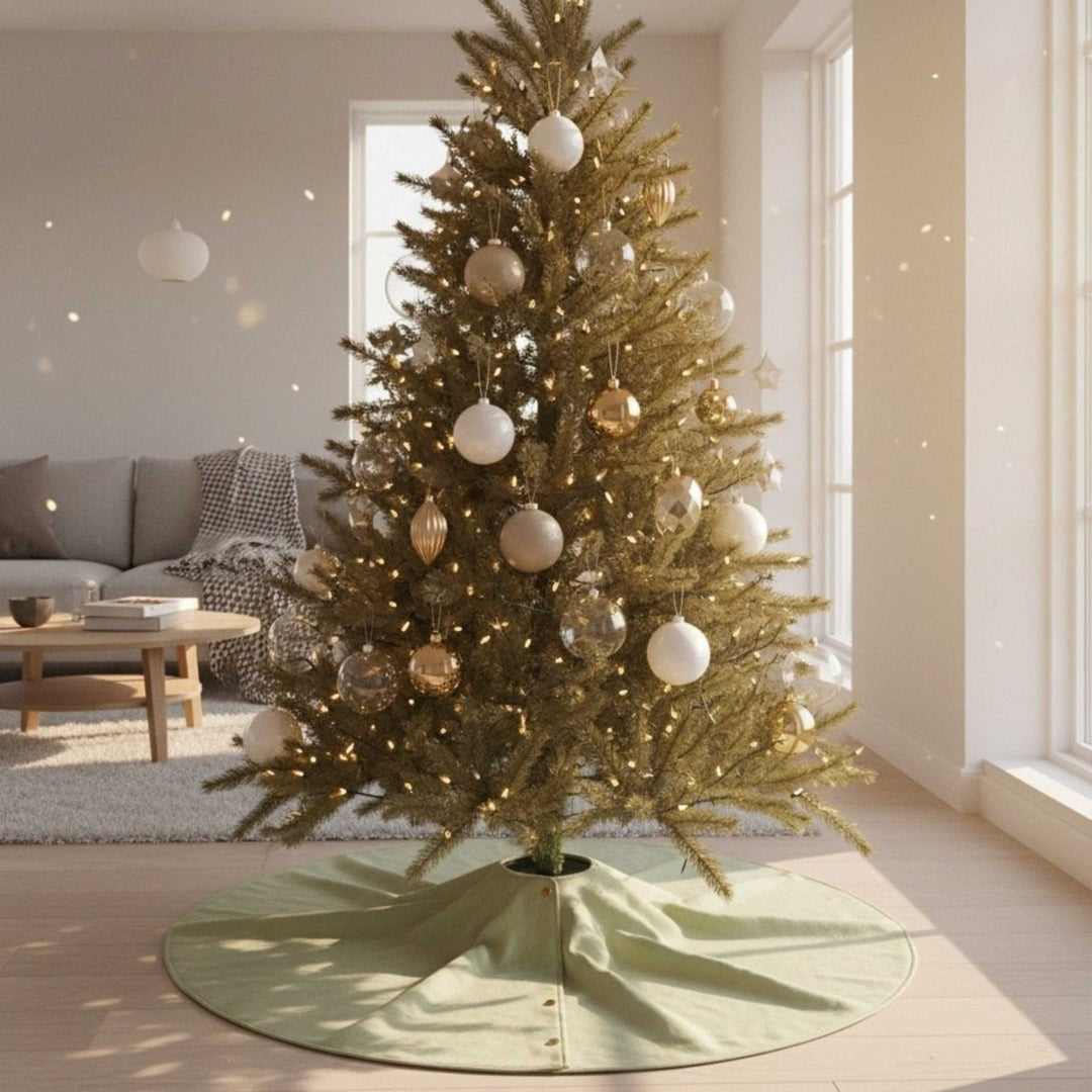 Hellgrüne Weihnachtsbaumdecke 2in1 von LIVLIG, mit Knopfdetails und im Wohnzimmer unter einem geschmückten Weihnachtsbaum platziert.
