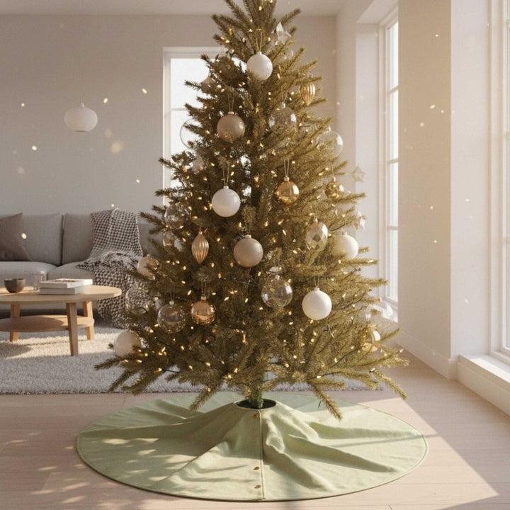 Hellgrüne Weihnachtsbaumdecke 2in1 von LIVLIG, mit Knopfdetails und im Wohnzimmer unter einem geschmückten Weihnachtsbaum platziert.
