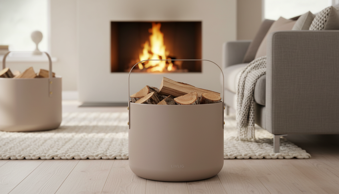 LIVLIG Kaminholzkorb in Beige vor loderndem Kamin