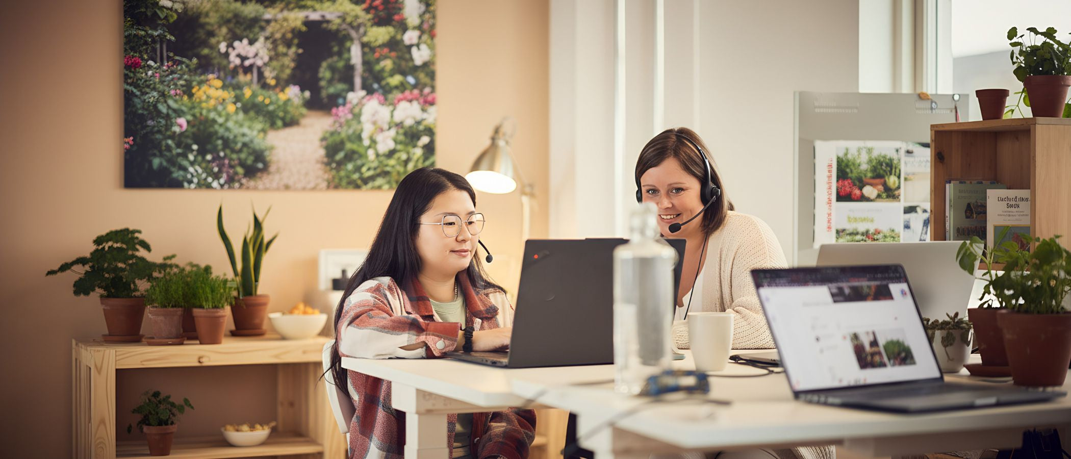 Zwei Frauen arbeiten an Laptops an einem Schreibtisch, beide tragen Headsets. Pflanzen im Hintergrund. Helles Tageslicht.