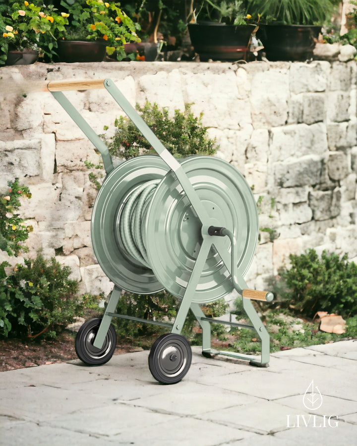 a garden hose cart with two hoses on it