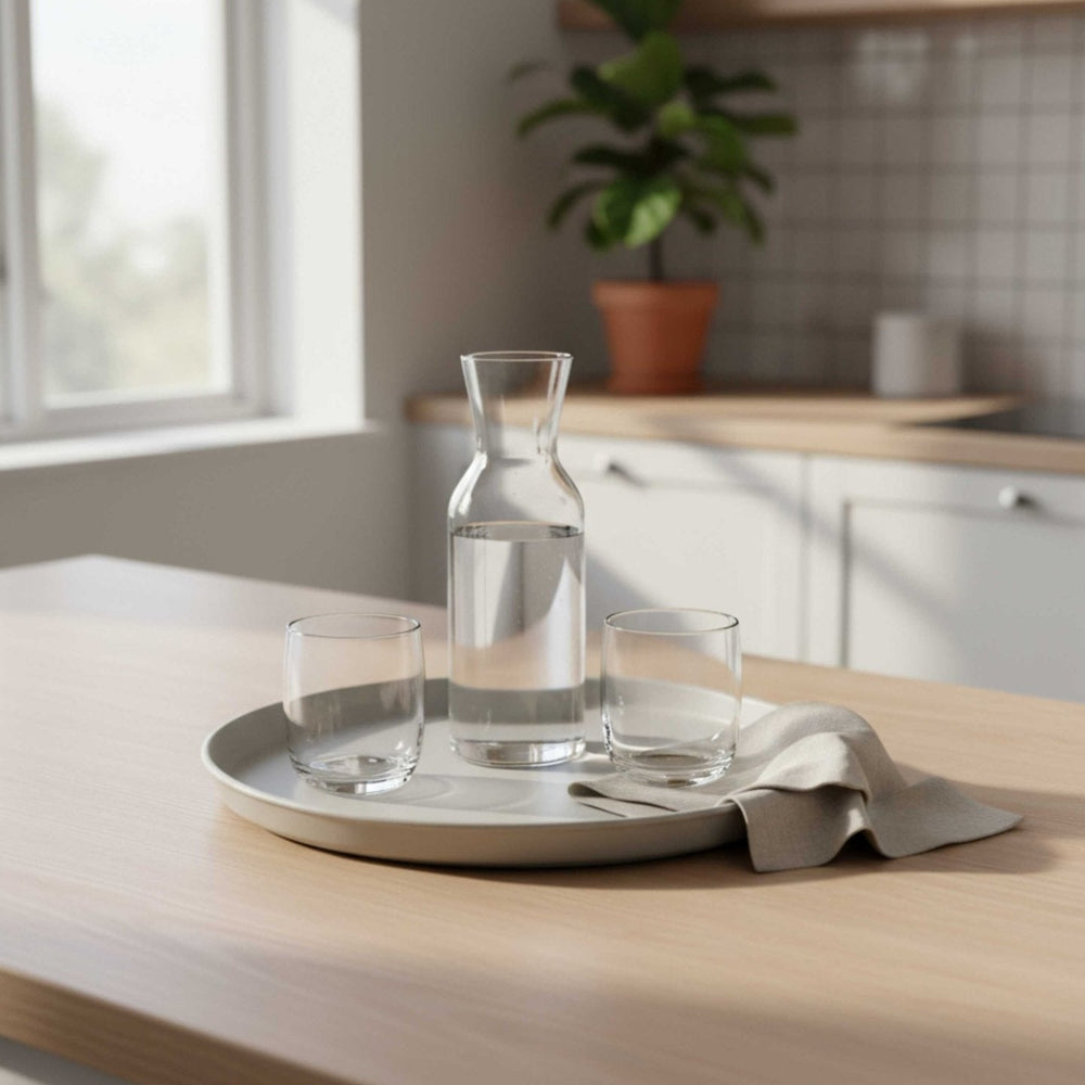 Dekoratives Tablett-Set von LIVLIG mit Karaffe und Gläsern auf einem Holztisch.