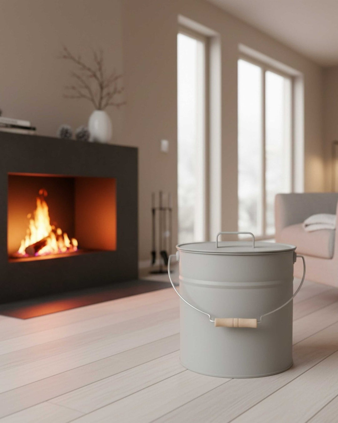 LIVLIG, Ascheeimer mit Deckel, Eimer, Greige