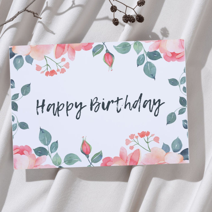 LIVLIG Gutschein von LIVLIG mit Aquarellblumenmuster und der Aufschrift "Happy Birthday".
