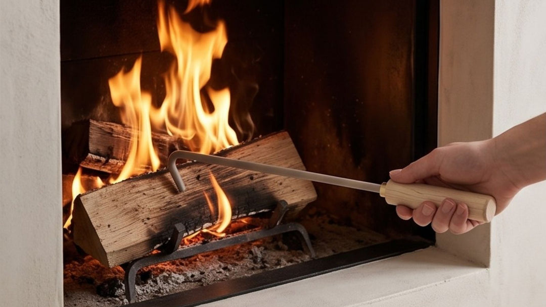 Hand holding metal fireplace poker with wooden handle, adjusting burning logs in a lit fireplace with bright orange flames.