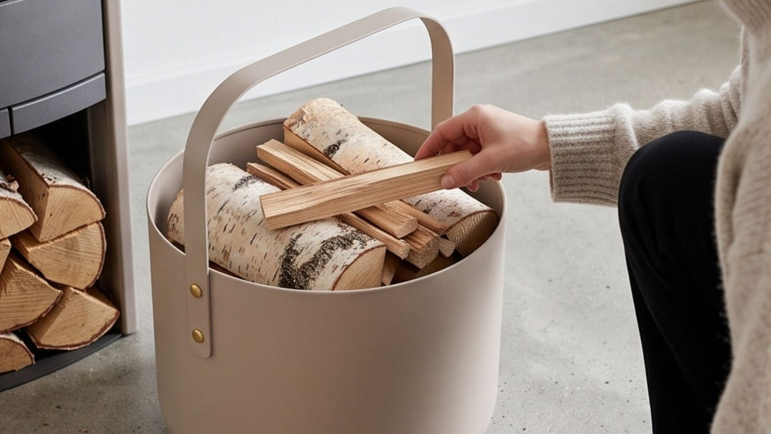 Hand placing birch logs into beige bucket with handle, beside wood storage unit, cozy indoor setting.