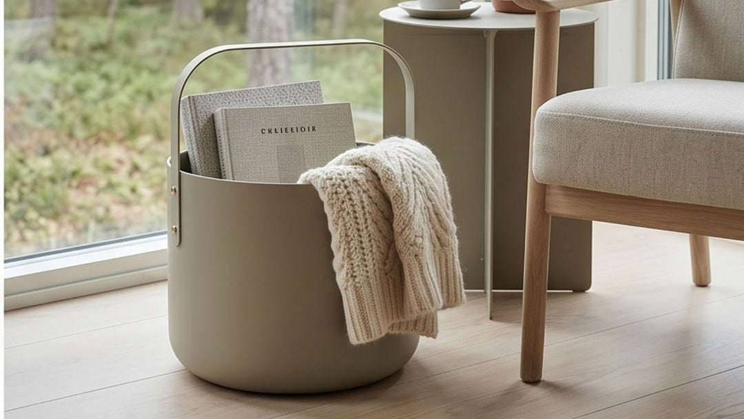 Sage green metal bucket with handle holds books and cream knit sweater, beside wooden chair and side table near window.
