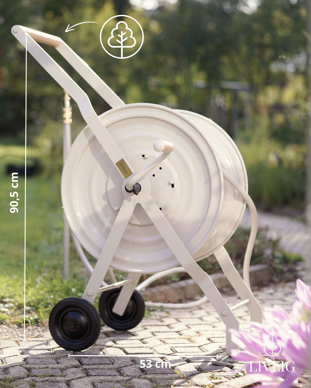 a white garden cart with wheels and wheels