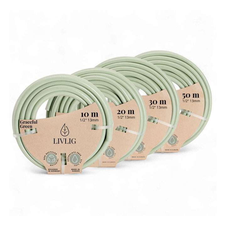 Hellgrüne Design-Gartenschläuche Graceful Green von LIVLIG, mit den Längen 10, 20, 30 und 50 Metern.