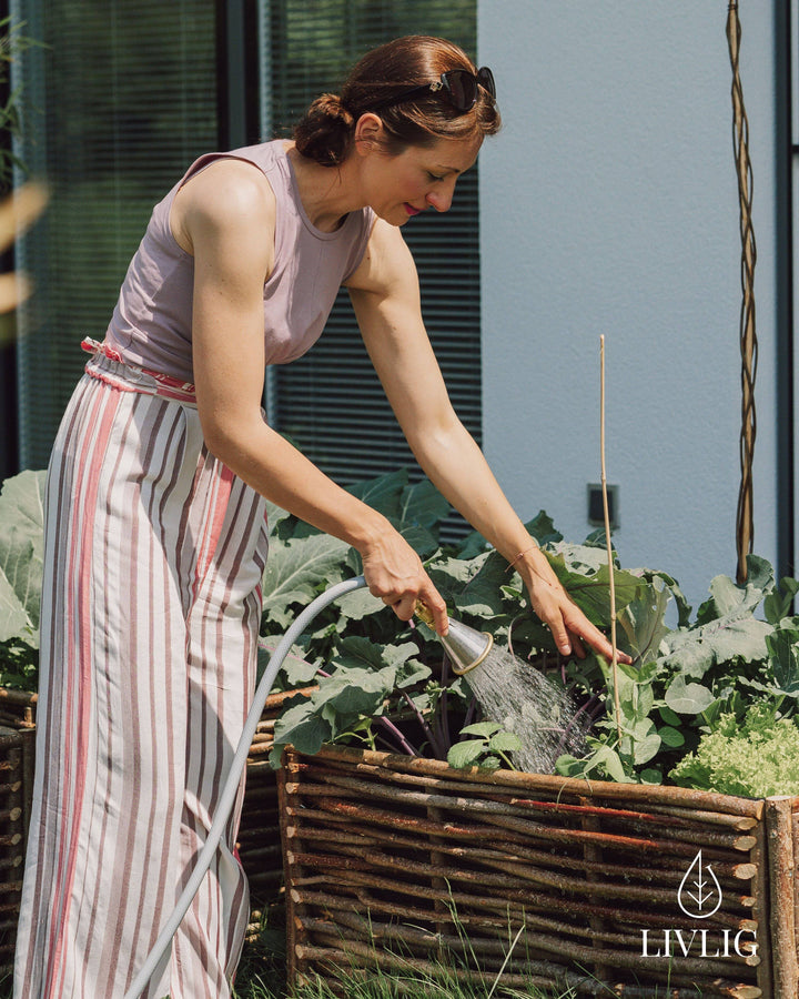a woman is watering plants in a garden
