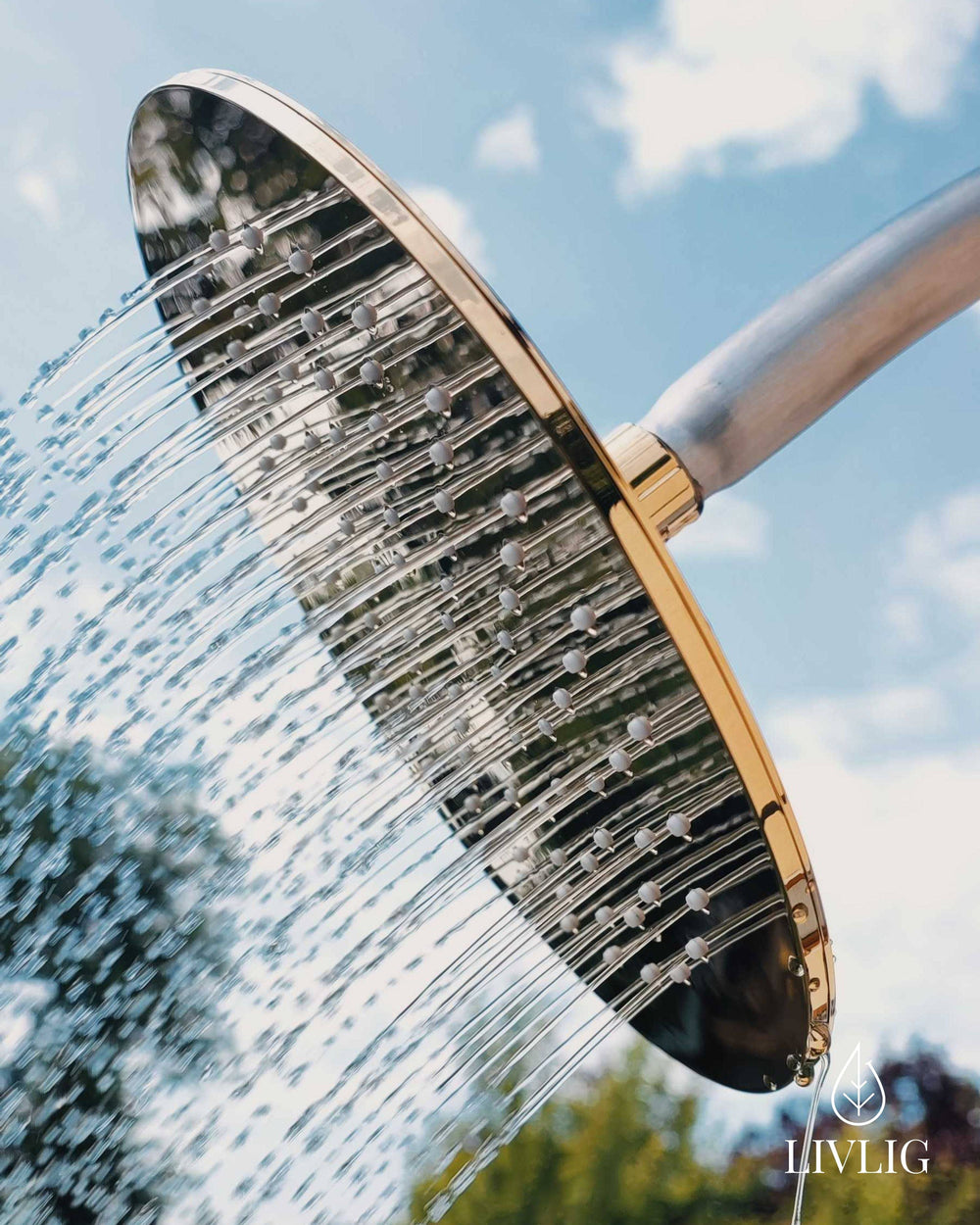a close up of a shower head with trees in the background