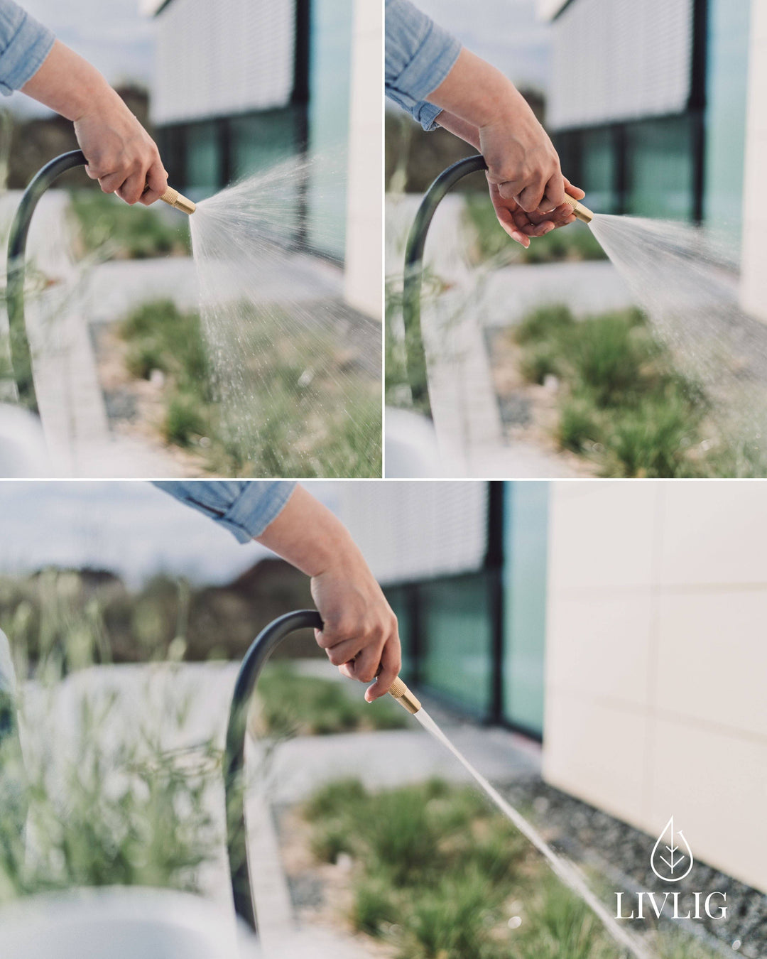 a series of photos showing a person watering plants