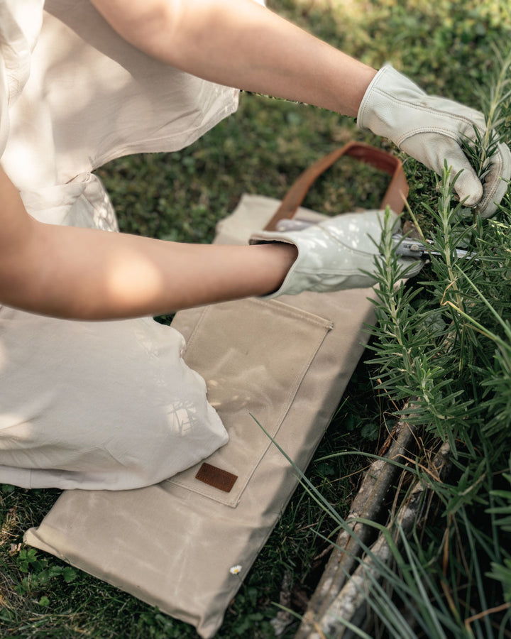  Person kniet auf einem Kniekissen und schneidet eine Pflanze mit der Livlig Gartenschere.