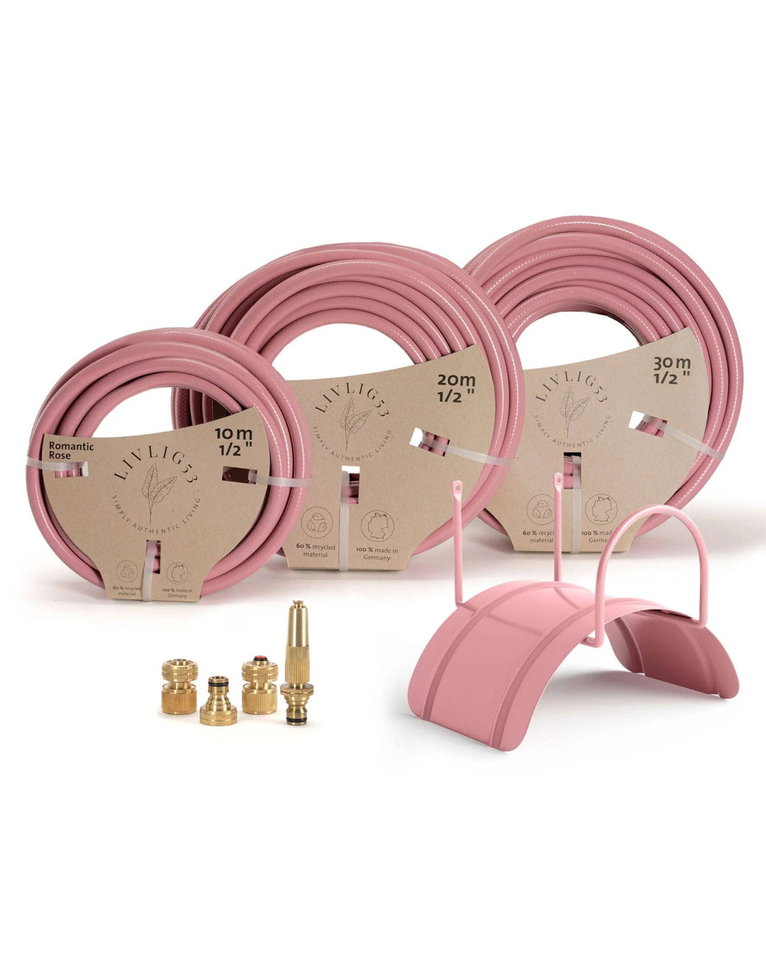 a set of pink hoses and fittings on a white background