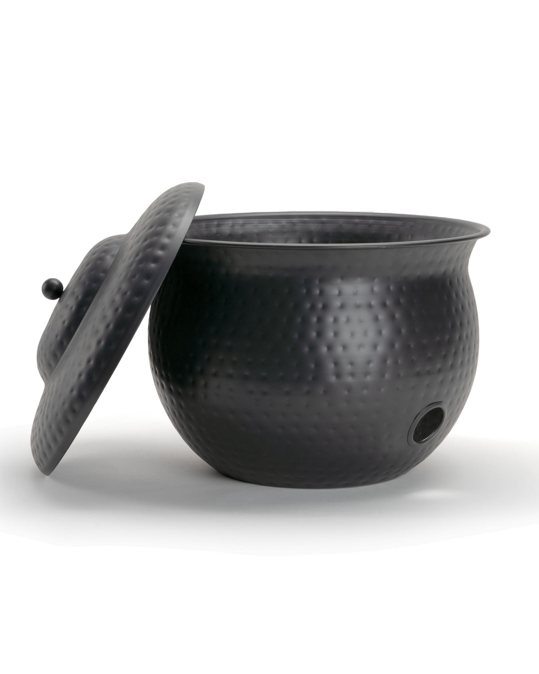 a large black bowl with a lid on a white background