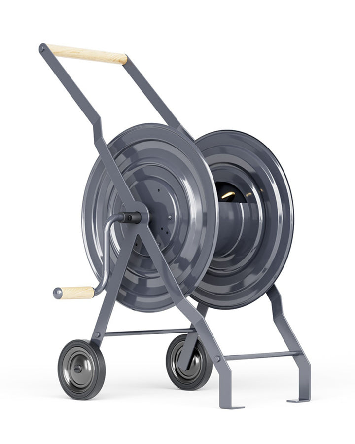 a metal reel with wheels and a wooden handle