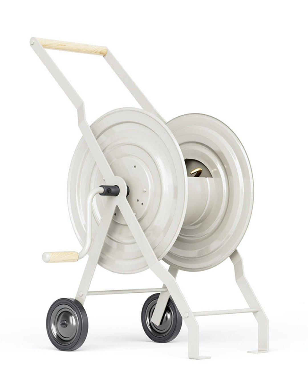 a white wheel with a wooden handle on a white background