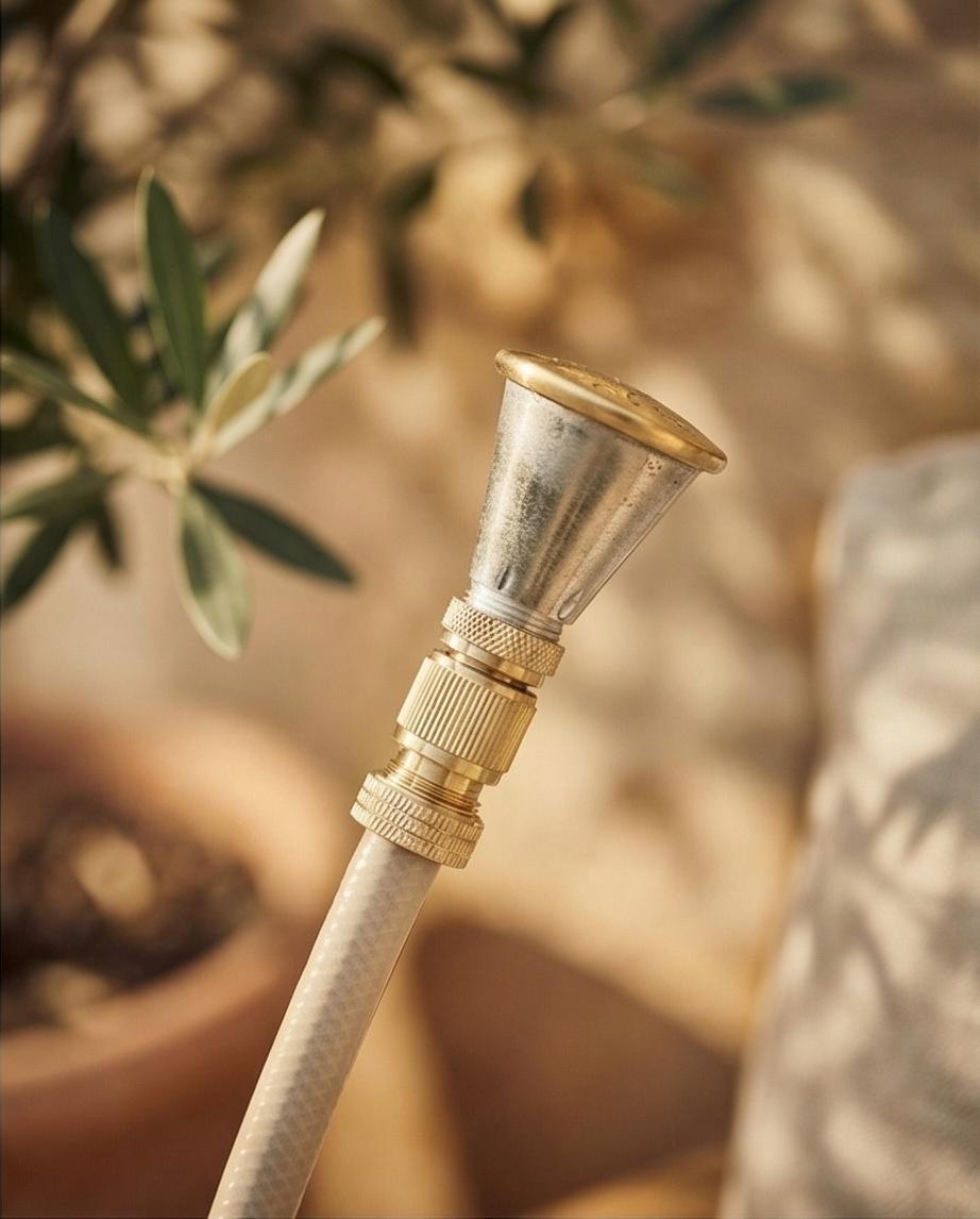 Nahaufnahme eines Gartenschlauchs mit silbernem Sprühkopf und goldenen Verbindungsstücken vor verschwommenem Hintergrund mit Pflanze.