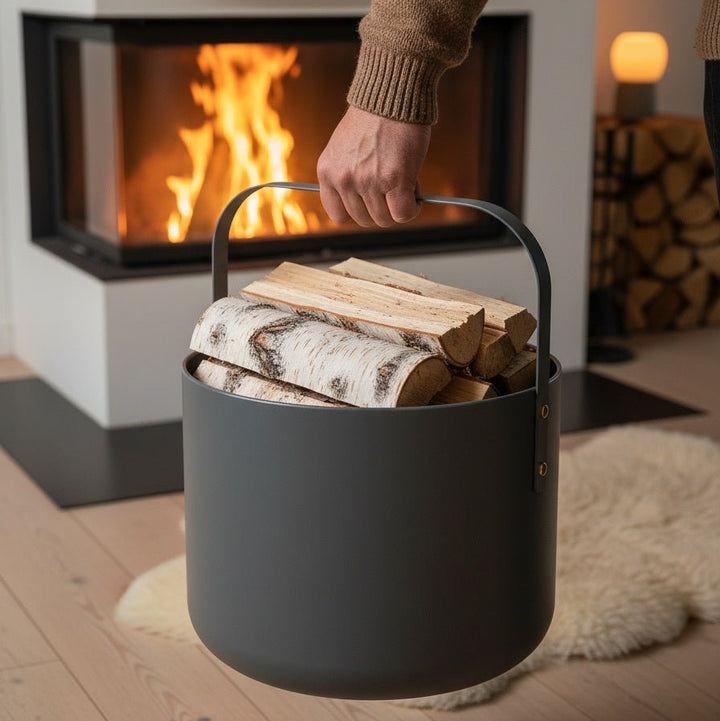 Metall-Kaminholzkorb von LIVLIG, gefüllt mit Birkenholzscheiten, vor einem Kamin mit brennendem Feuer.