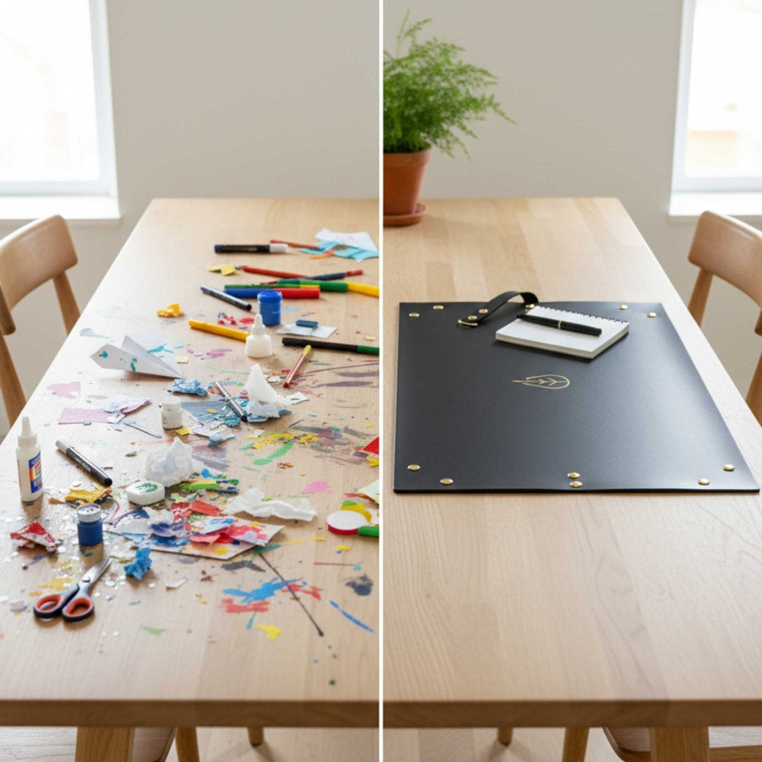 Pflanzmatte und Bastelunterlage von LIVLIG, dargestellt als Vorher-Nachher-Ansicht auf einem Tisch, mit Werkzeugen und Arbeitsmaterialien.