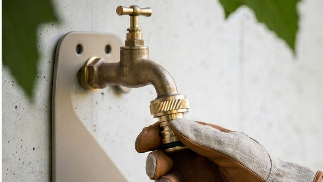 Eine behandschuhte Hand schraubt einen goldenen Schlauchadapter an einen bronzefarbenen Wasserhahn, der an einer Betonwand befestigt ist. Im Hintergrund sind unscharfe grüne Blätter zu sehen.