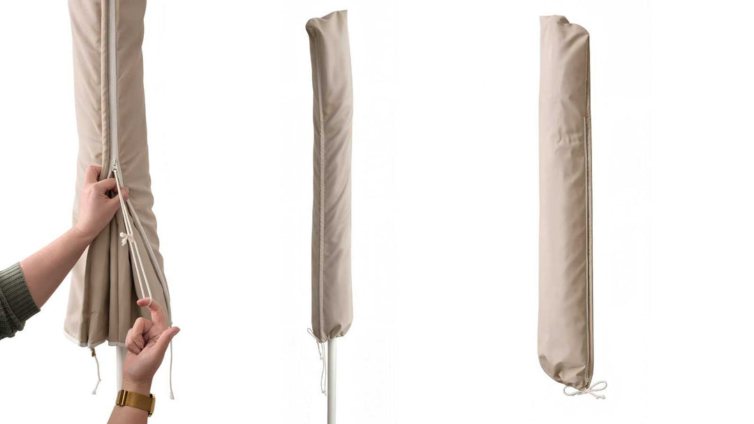 Drei Ansichten einer beigen Schutzhülle für einen Sonnenschirm. Auf der linken Seite wird die Hülle mit einem Reißverschluss geöffnet. Neutraler Hintergrund.