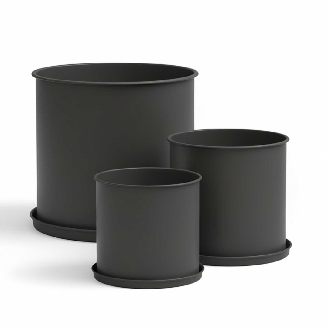 LIVLIG, 3er Blumentopf Set mit Untersetzer, Blumentopf, Anthrazit