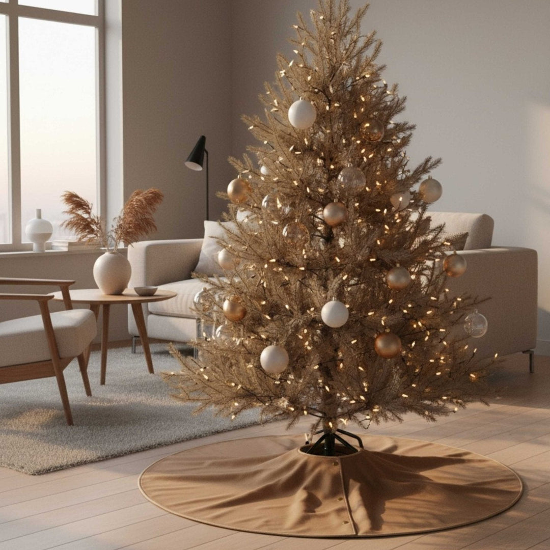 Goldene Weihnachtsbaumdecke 2in1 von LIVLIG, mit Knopfdetails und einfarbiger Oberfläche unter einem geschmückten Weihnachtsbaum.