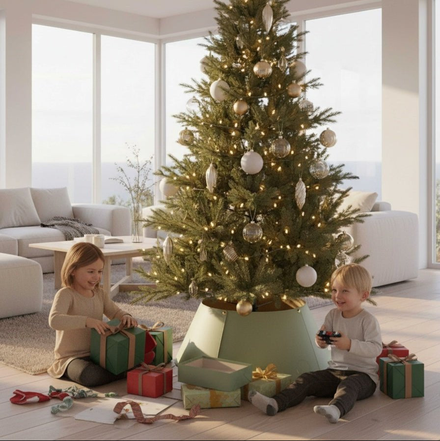 Baumkragen 2in1 von LIVLIG, mintfarben, unter einem Weihnachtsbaum in einem Wohnzimmer.
