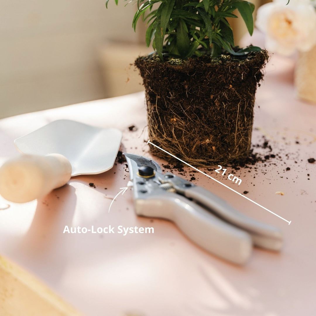 Graue Bypass Gartenschere von LIVLIG, neben Gartenschaufel und einer Pflanze mit dunkler Erde.