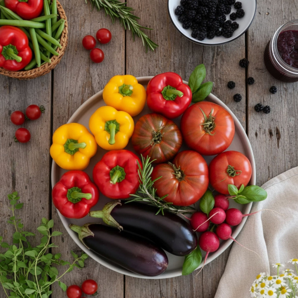Deko Tabletts 3er Set von LIVLIG, arrangiert mit frischem Gemüse und Kräutern auf einer rustikalen Holzoberfläche.
