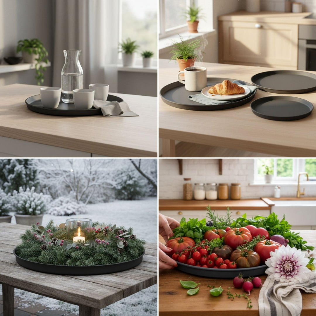 Deko Tablett 3er Set von LIVLIG, verschiedene Anwendungen, darunter Kerzen, Gemüse und Wassergläser.