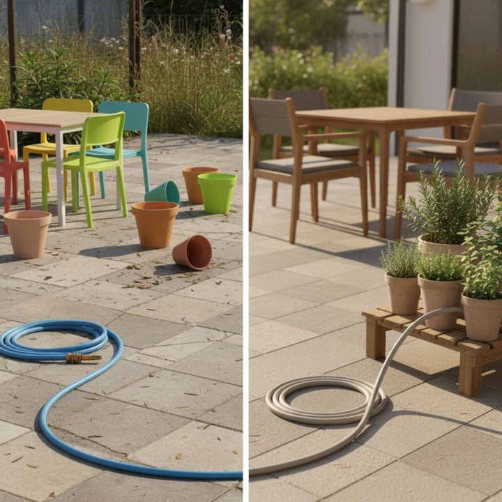 Design Gartenschlauch Gentle Greige von LIVLIG, auf hellgrauem Steinboden neben Gartenmöbeln und Pflanzen.