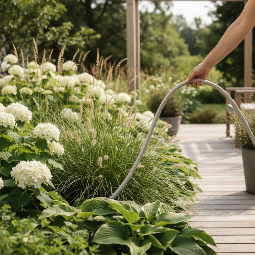Design Gartenschlauch Gentle Greige von LIVLIG, im Garten mit weißen Hortensien und Ziergräsern, wird von einer Hand gehalten.
