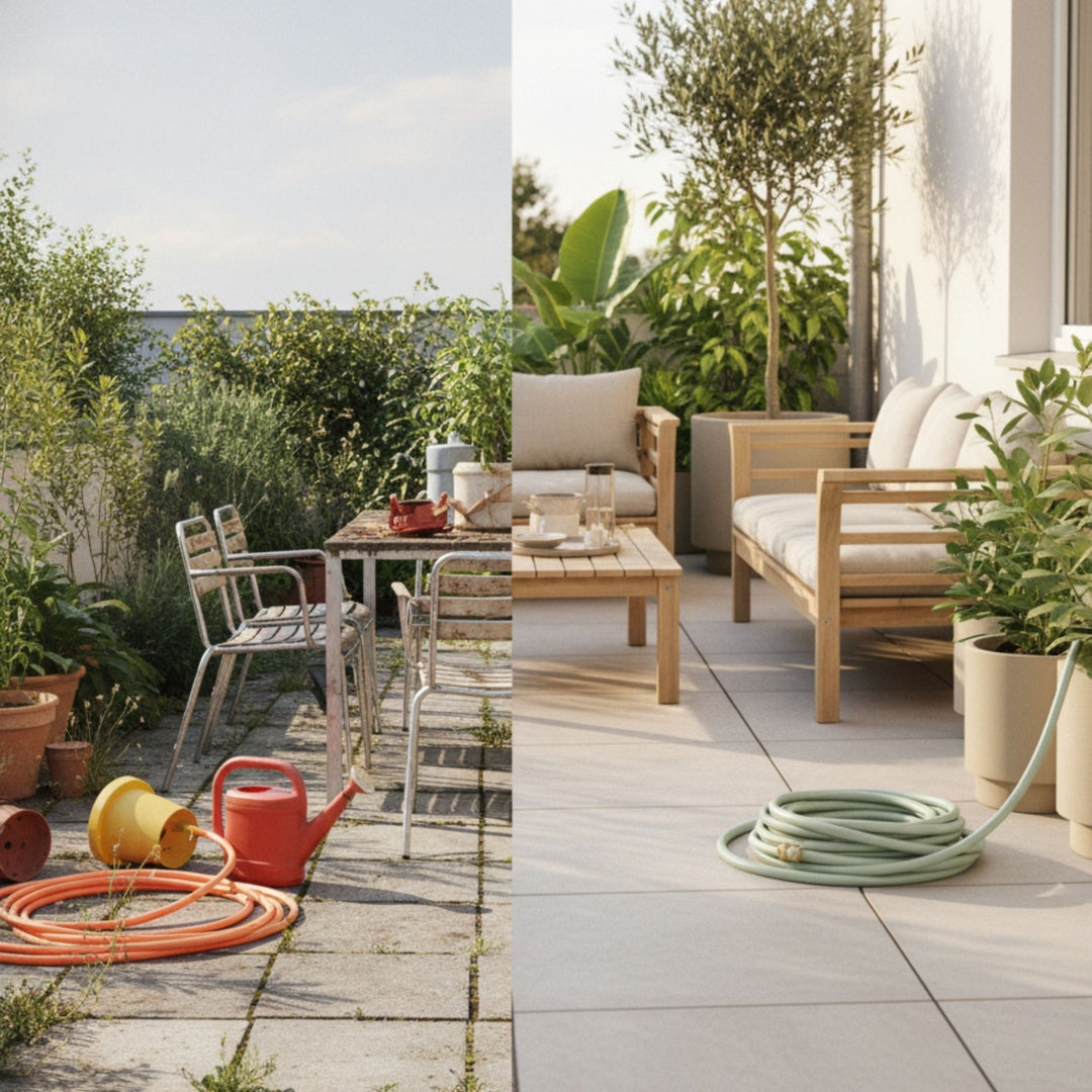 Grüner Design Gartenschlauch Homefarming von LIVLIG, aufgerollt auf hellgrauen Terrassenfliesen, mit üppigem Grün im Hintergrund.