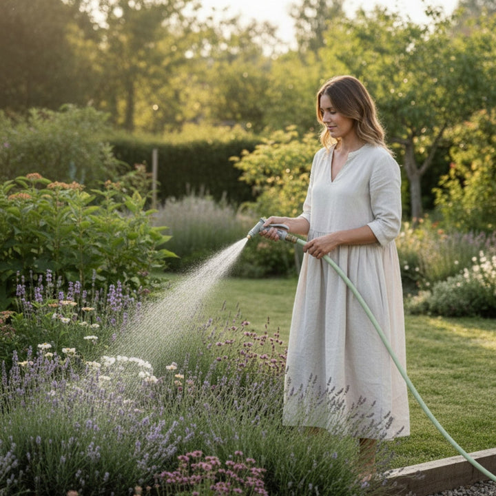 Grüner Design Gartenschlauch Homefarming von LIVLIG, im Garten von einer Frau mit einem hellen Kleid benutzt.
