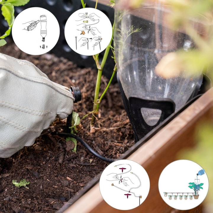 Flaschen-Tröpfchenbewässerung von LIVLIG, installiert in einem Hochbeet mit schematischen Anleitungen zur Installation.