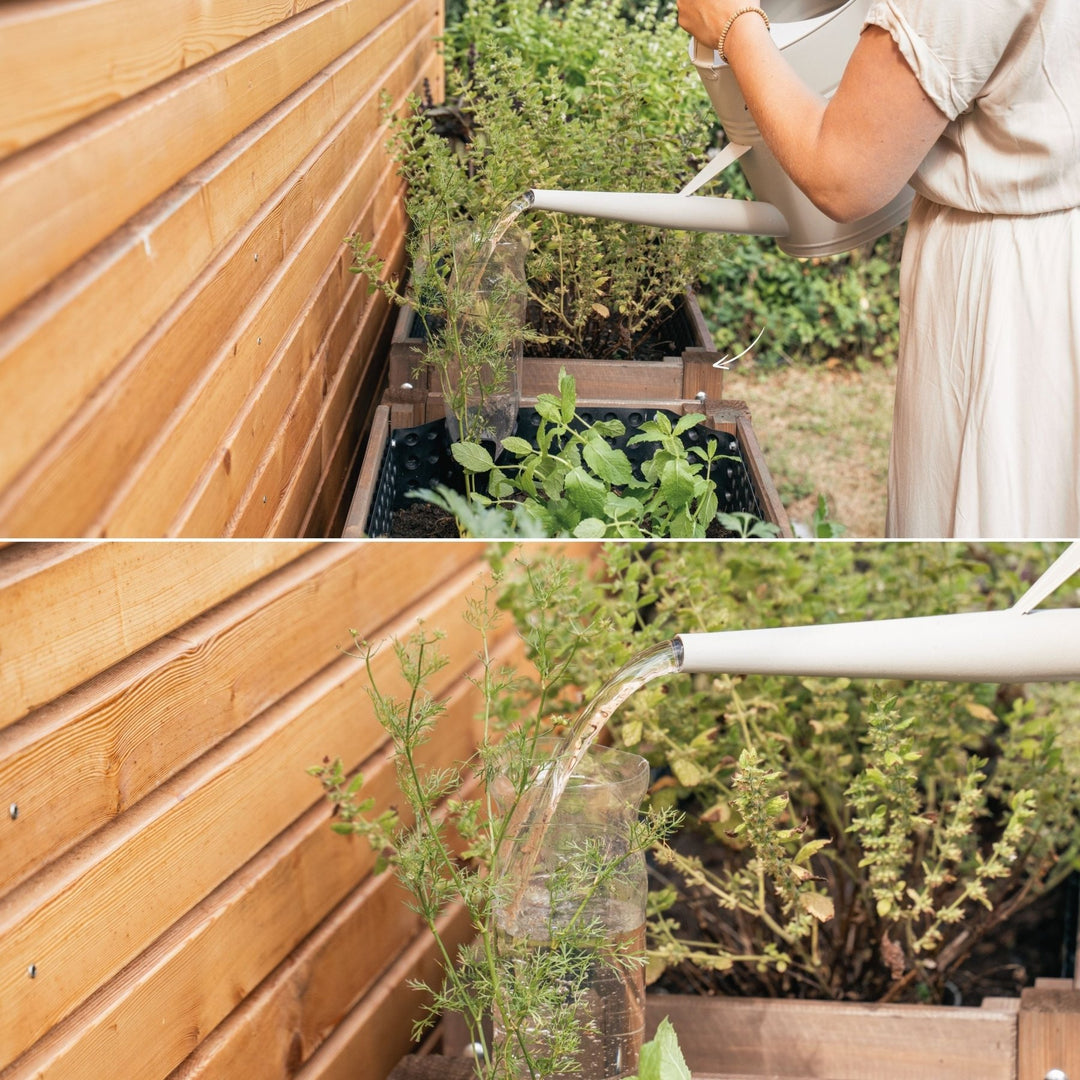 Flaschen-Tropfbewässerung von LIVLIG, mit Wasser befüllt, eingesetzt in einem Holzkasten mit Kräutern.